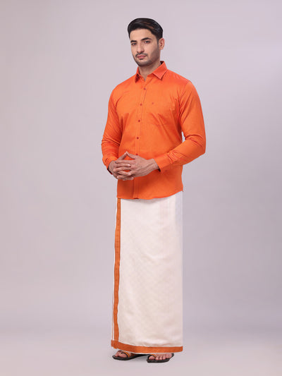 Men's Cotton Brick Shirt and Airtex Matching Border Dhoti Combo Nector