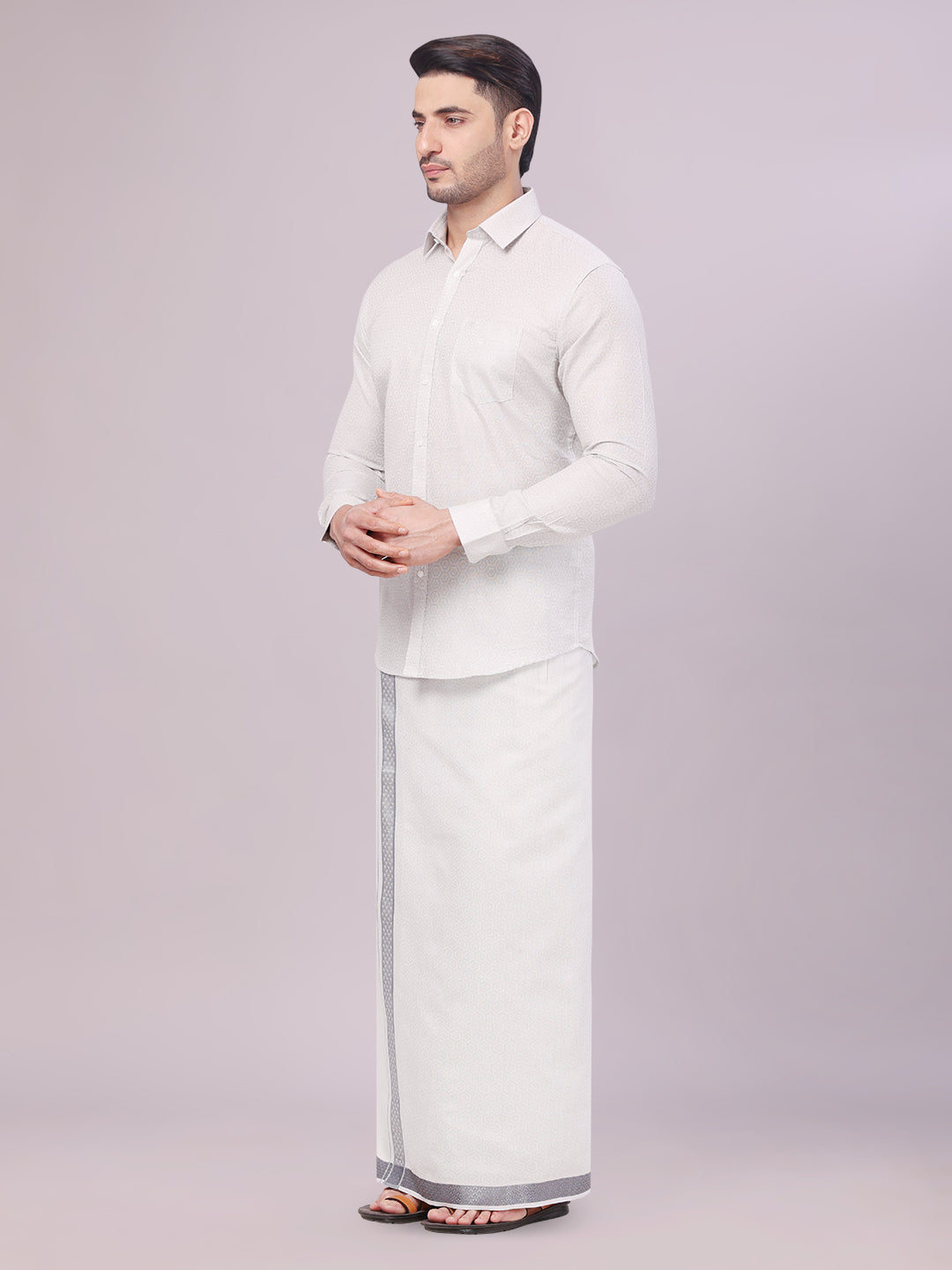 Men's Grey Tissue Jacquard Shirt with Matching Flexi Dhoti Combo Zeebra side pose