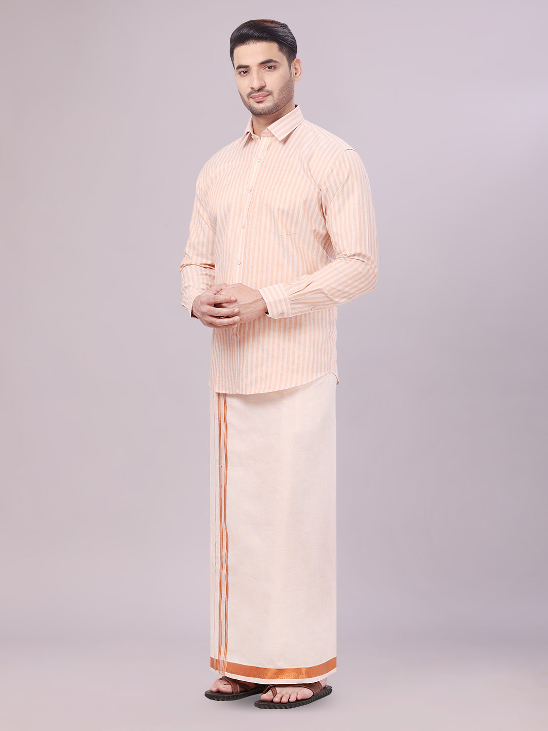 Men's Tissue Stripes Copper Shirt with Plain Jari Border Dhoti Wedding Combo Carter side pose