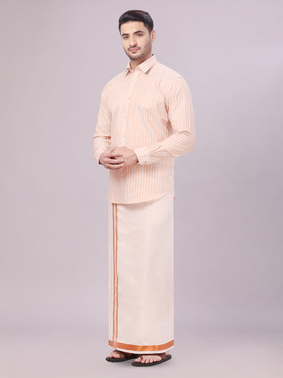 Men's Tissue Stripes Copper Shirt with Plain Jari Border Dhoti Wedding Combo Carter side pose