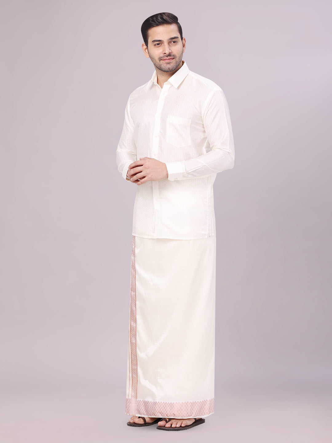 Men's Art Silk Cream Jacquard Full Sleeves Shirt with 2 1/2" Copper Jari Border & Towel Dhoti Combo Nautica