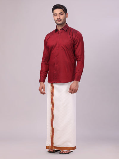 Men's Cotton Maroon Shirt and Airtex Matching Border Dhoti Combo Nector side pose