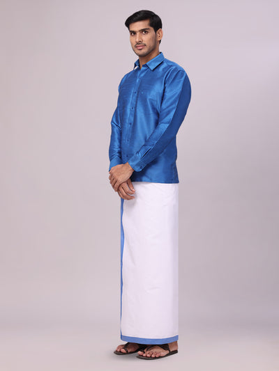 Dupion Satin Blue Shirt with Dhoti Combo for men - side pose