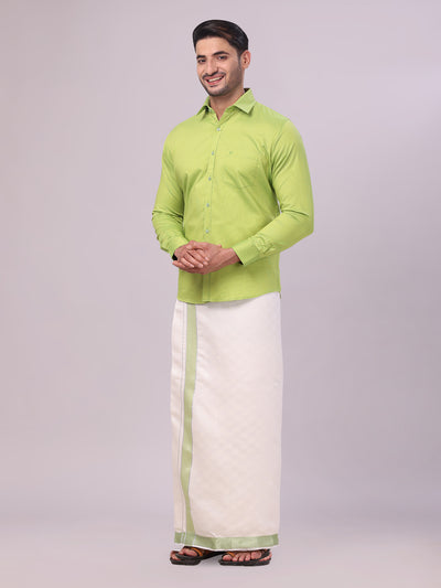 Men's Cotton Parrot Green Shirt and Airtex Matching Border Dhoti Combo Nector side pose
