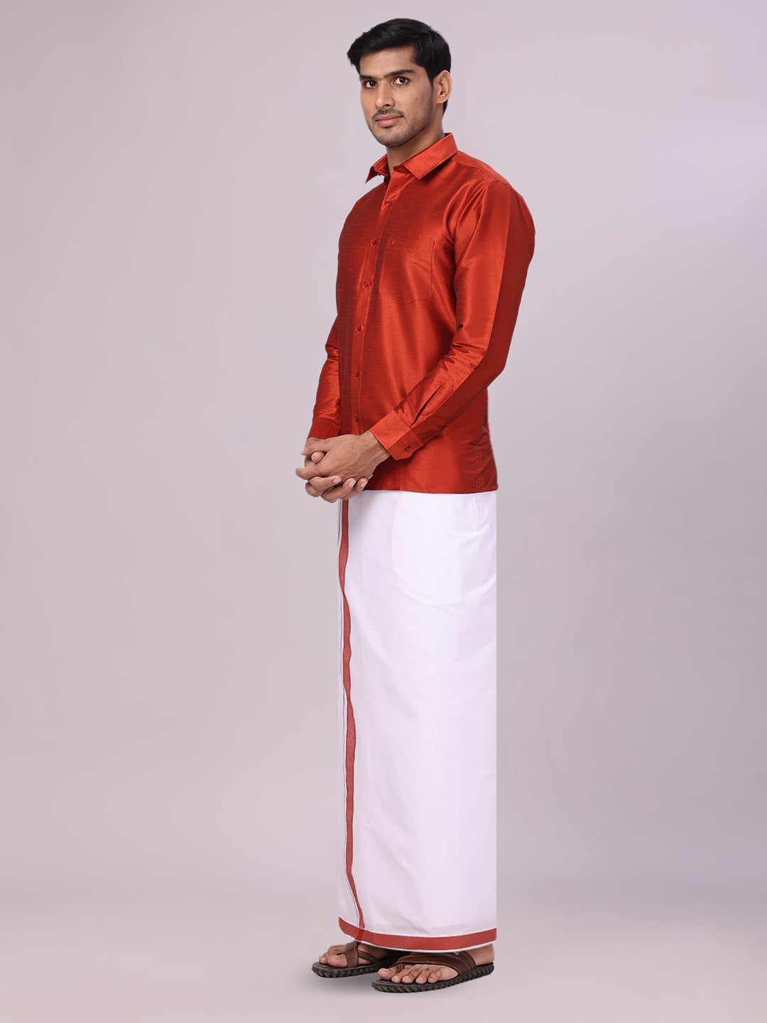 Men's Red Dupion Satin Shirt with Matching Border Dhoti Combo Gora side pose