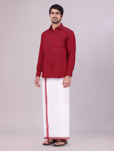 Men's Maroon Colour Shirt with Matching Fancy Border Dhoti Combo Lemax side pose