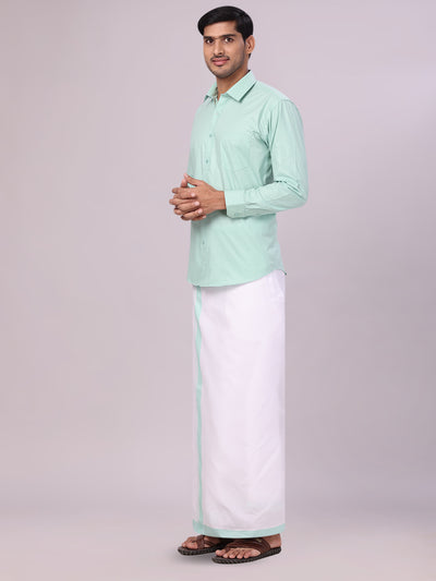 Men's See Green Shirt with Matching Border Flexi Dhoti Combo Casper Flexi