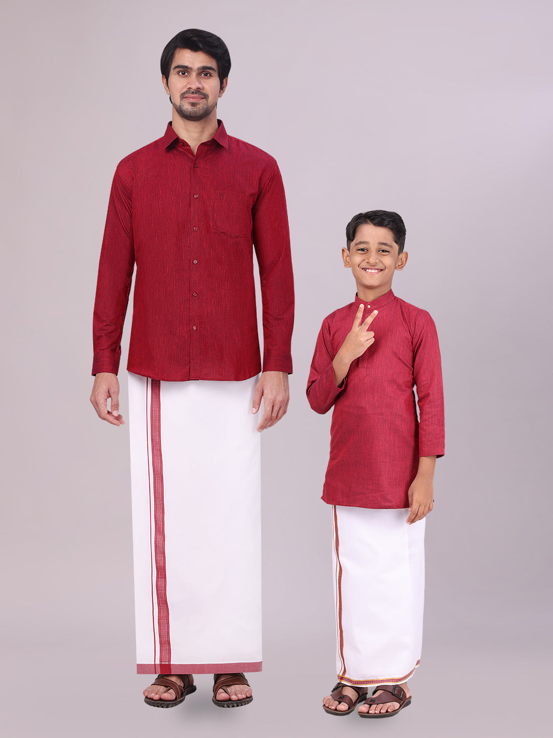 Father & Son Maroon Men Shirt Dhoti Set with Kids Kurta Dhoti Set Combo
