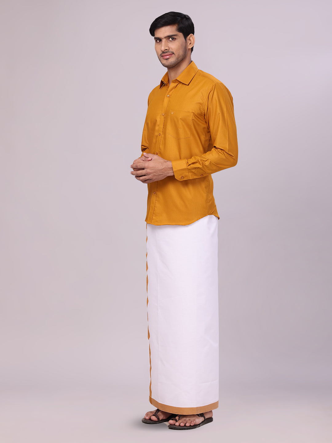 Men's Cotton Golden Yellow Matching Shirt and Dhoti Combo Luster side pose