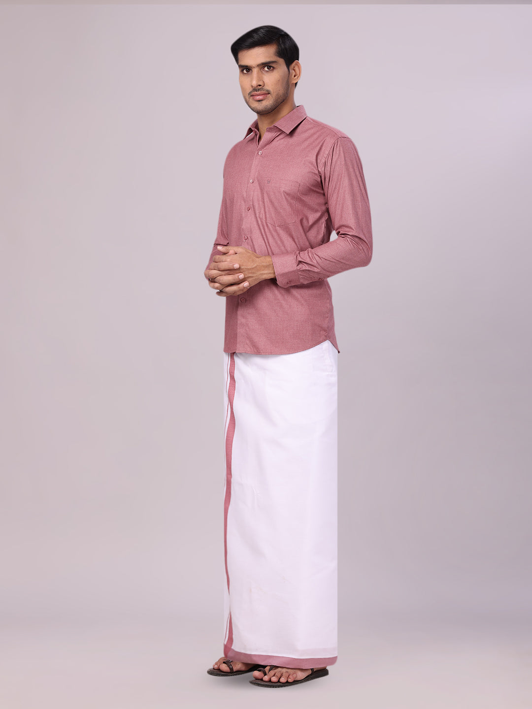 Men's Light Maroon Color Shirt with Matching Border Dhoti Combo Casper side pose