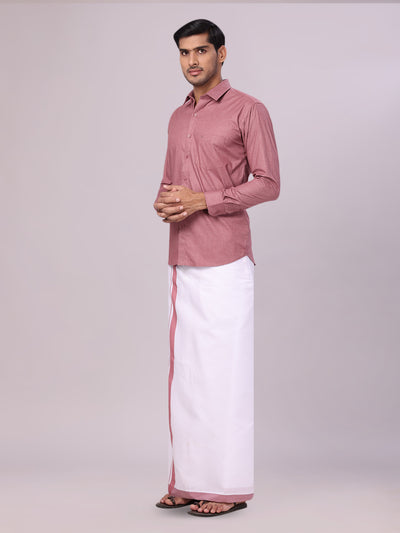 Men's Light Maroon Color Shirt with Matching Border Dhoti Combo Casper side pose