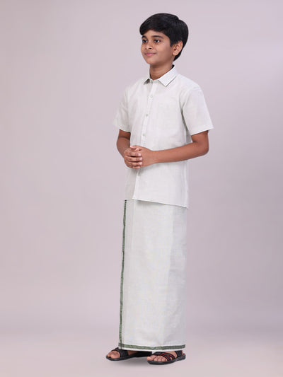 Boys Tissue Olive Green Colour Shirt with Dhoti Combo side pose