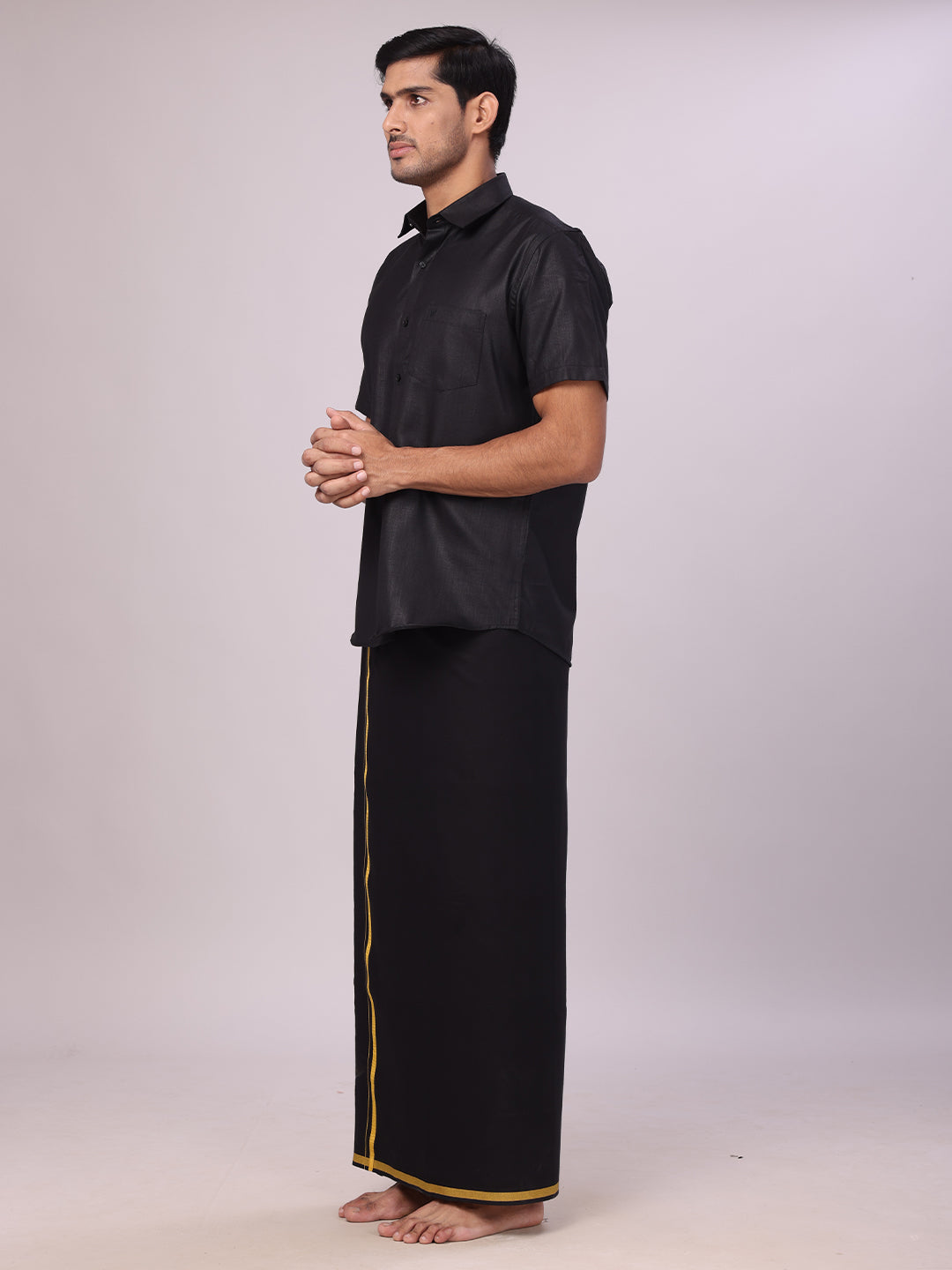 Men's Devotional Cotton Black Shirt with Small Assorted Border Dhoti & Towel Combo side pose