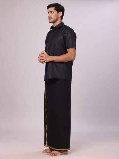 Men's Devotional Cotton Black Shirt with Small Assorted Border Dhoti & Towel Combo side pose