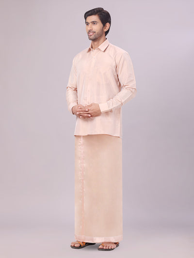 Men's Art Silk Light Copper Full Sleeves Shirt with Copper Jari Border Dhoti Combo Finesse side pose