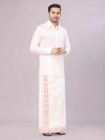 Men's Art Silk Cream Jacquard Full Sleeves Shirt with 2 1/2" Copper Jari Border & Towel Dhoti Combo Nautica