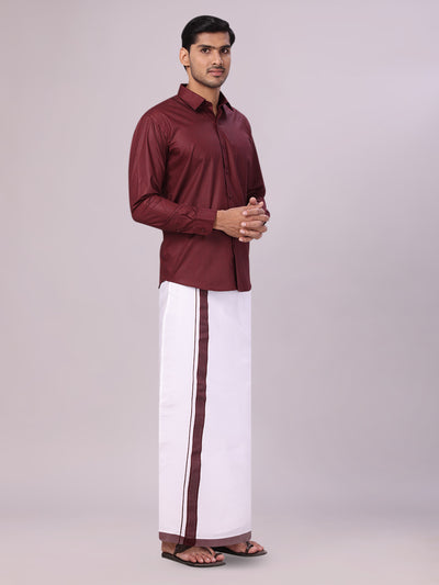 Men's Maroon Color Shirt with Matching Border Dhoti Combo Casper side pose