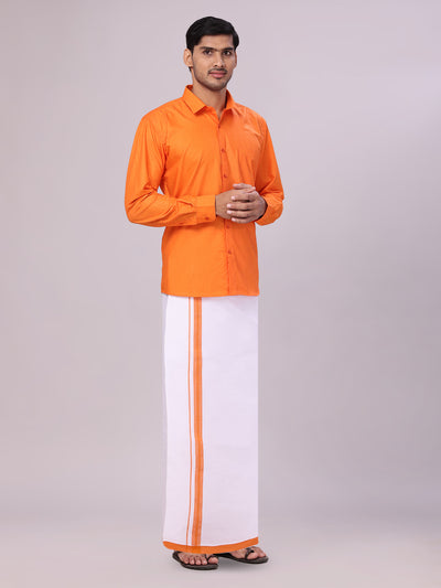Men's Cotton Orange Matching Shirt and Dhoti Combo Luster side pose