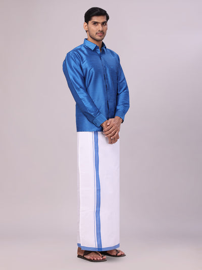 Dupion Satin Blue Shirt with Dhoti Combo for men