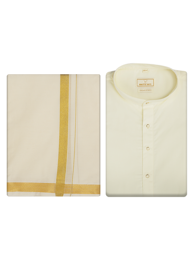 Mens Cotton Cream Kurta with 1" Gold Jari Panchakacham Angavastram Combo