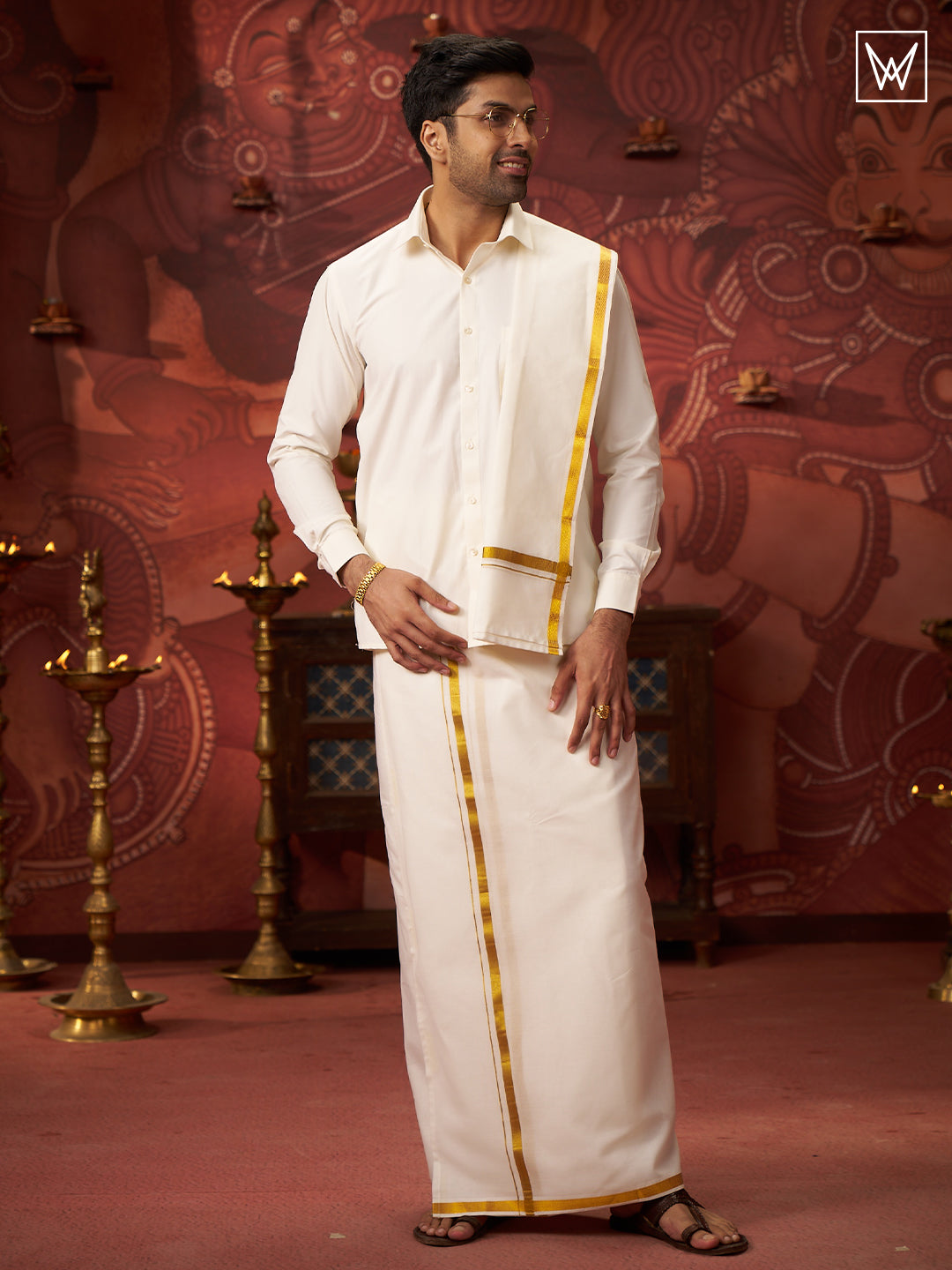 Mens Pure Cotton Cream Wedding Shirt Dhoti Towel Belt Combo - Vaibhav Cream