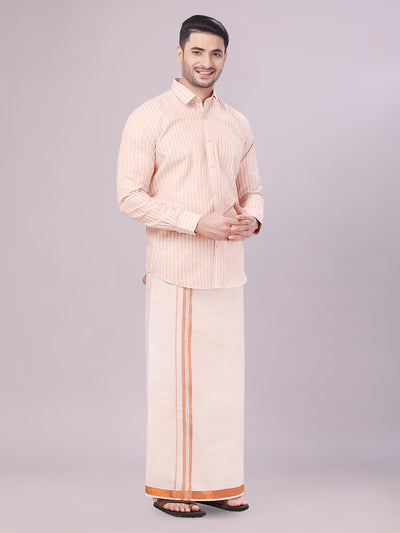 Men's Tissue Stripes Copper Shirt with Plain Jari Border Dhoti Wedding Combo Carter side pose