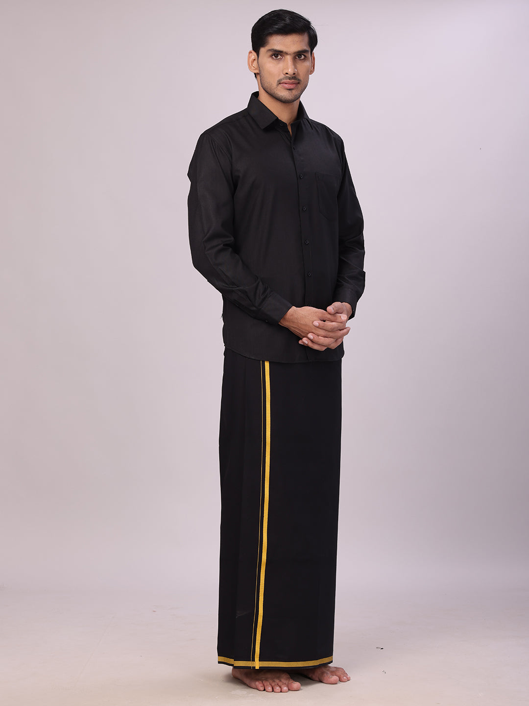 Men's Devotional Cotton Black Shirt with Small Assorted Border Dhoti & Towel Combo side pose