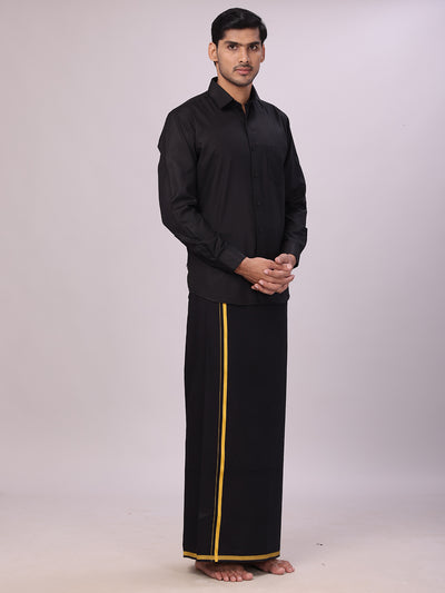 Men's Devotional Cotton Black Shirt with Small Assorted Border Dhoti & Towel Combo side pose