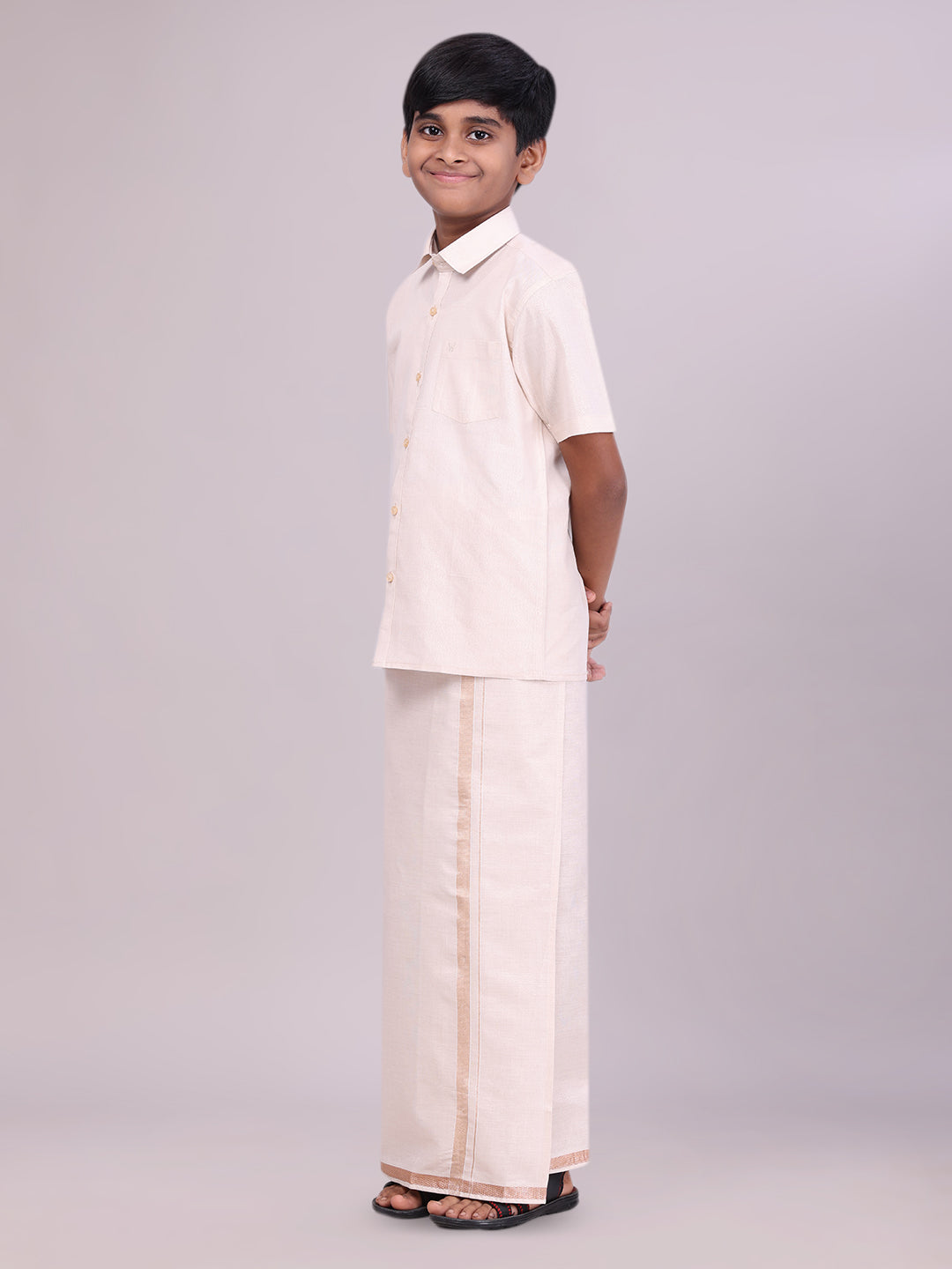 Father & Son Light Copper Colour Tissue Shirt with Jari Dhoti Combo