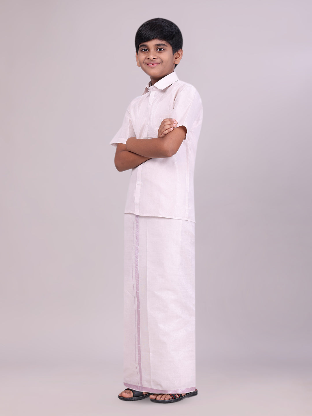 Boys Tissue Light Rose Colour Shirt with Dhoti Combo side pose