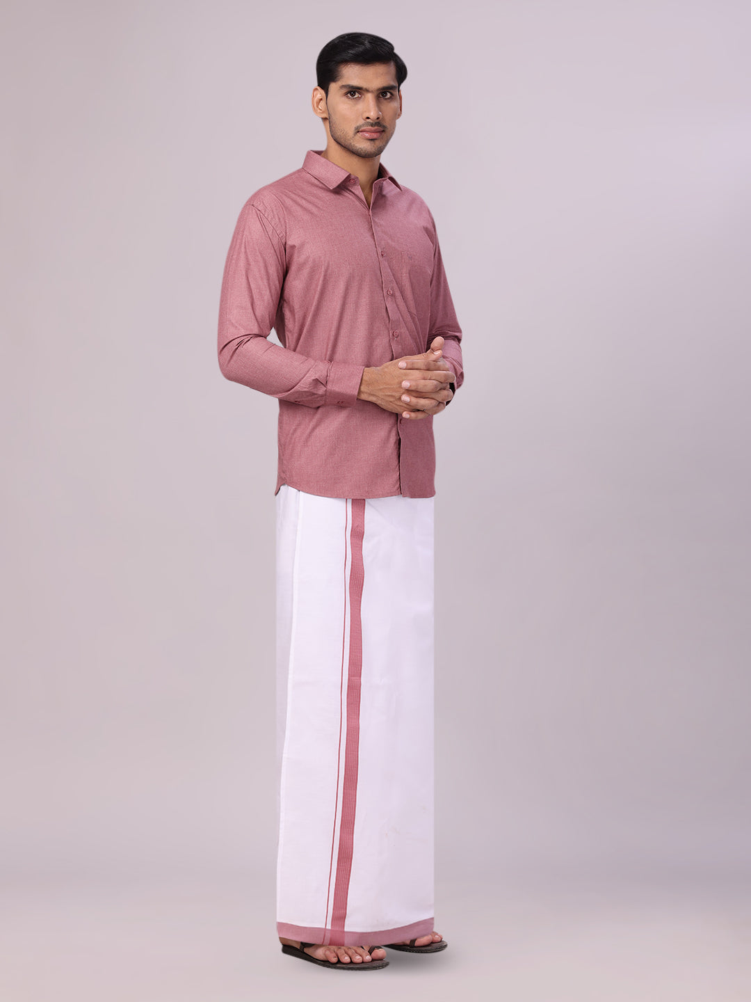 Men's Light Maroon Color Shirt with Matching Border Dhoti Combo Casper side pose