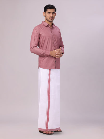 Men's Light Maroon Color Shirt with Matching Border Dhoti Combo Casper side pose