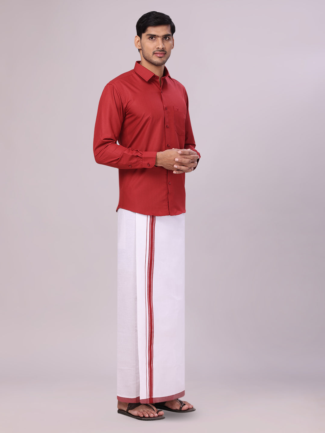 Men's Cotton Maroon Matching Shirt and Dhoti Combo Luster side pose