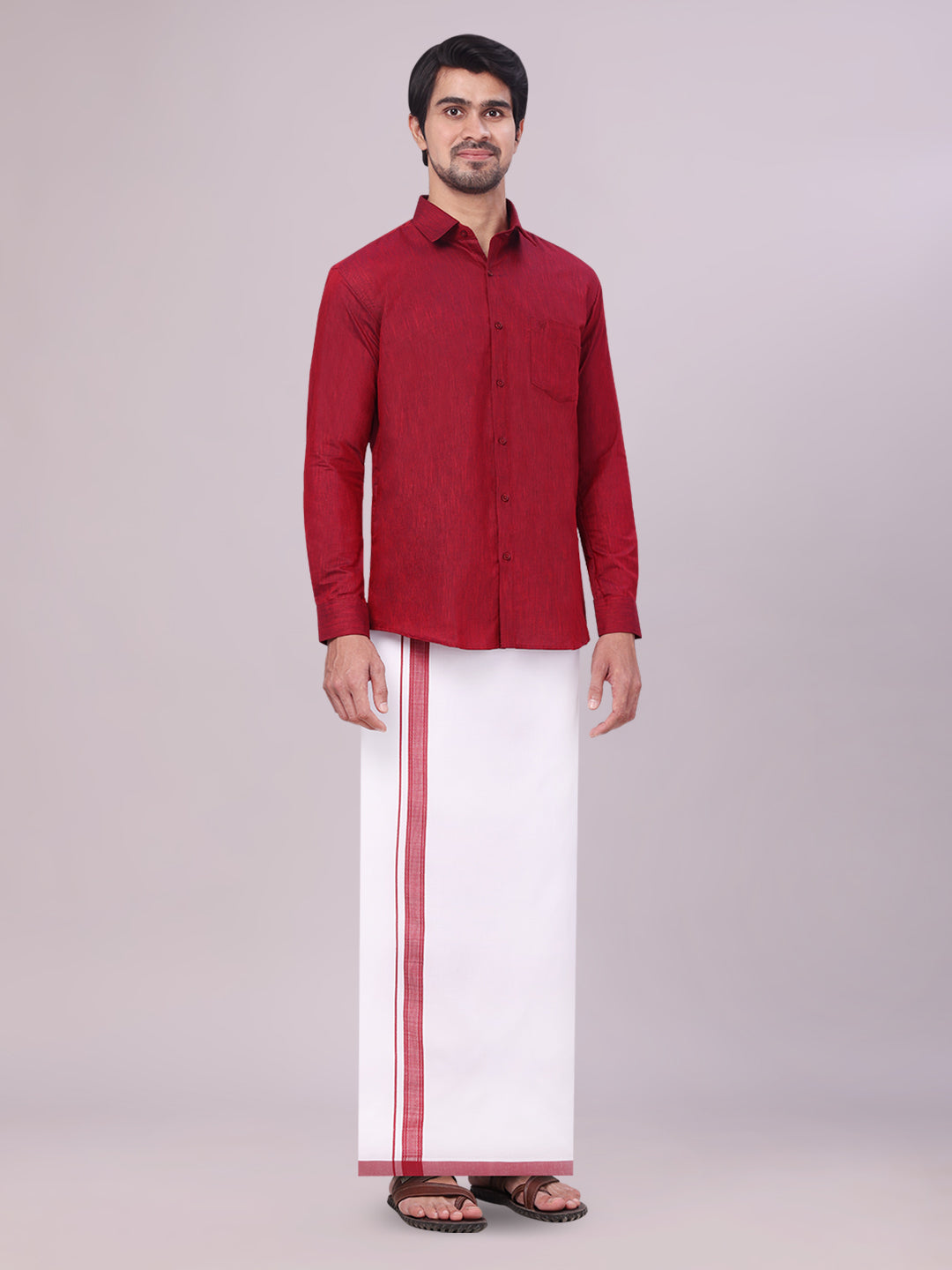 Men's Maroon Colour Shirt with Matching Fancy Border Dhoti Combo Lemax side pose