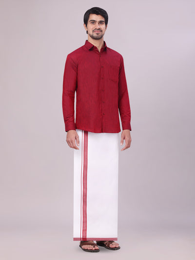 Men's Maroon Colour Shirt with Matching Fancy Border Dhoti Combo Lemax side pose