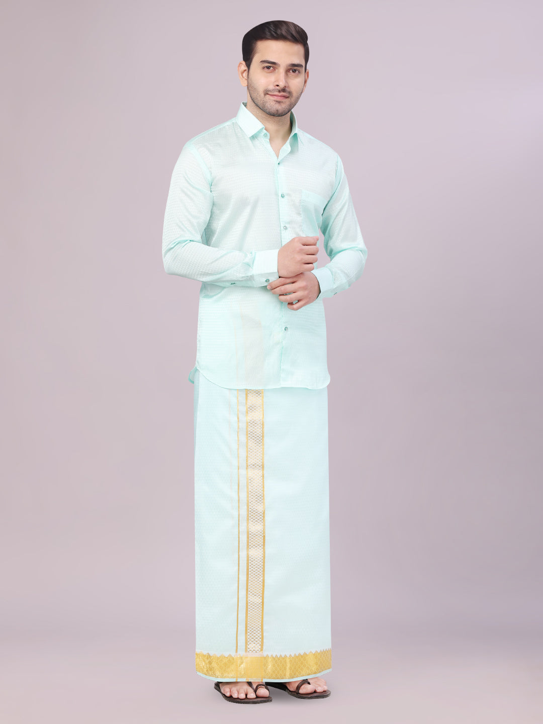 Men's Art Silk Mint Gold Jacquard Full Sleeves Shirt with 2 1/2"  Jari Border & Towel Dhoti Combo Nautica