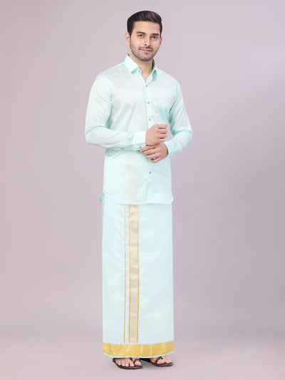 Men's Art Silk Mint Gold Jacquard Full Sleeves Shirt with 2 1/2"  Jari Border & Towel Dhoti Combo Nautica