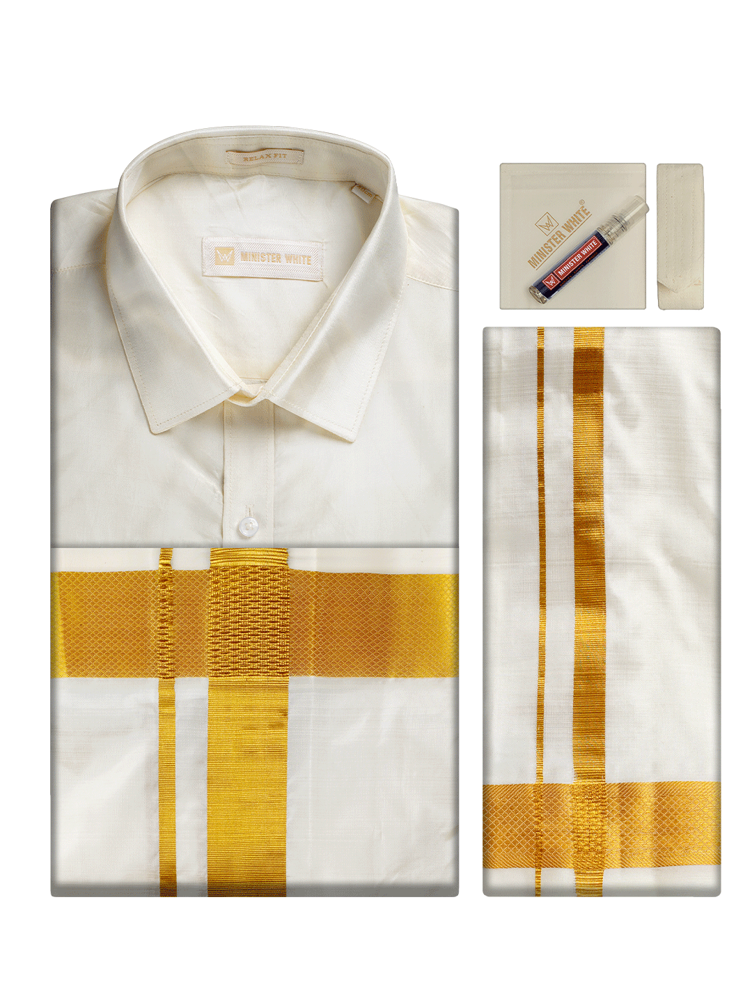 Men's Pure Silk Wedding Cream Shirt, Dhoti, Nerial with Belt Combo - Nesam 100K