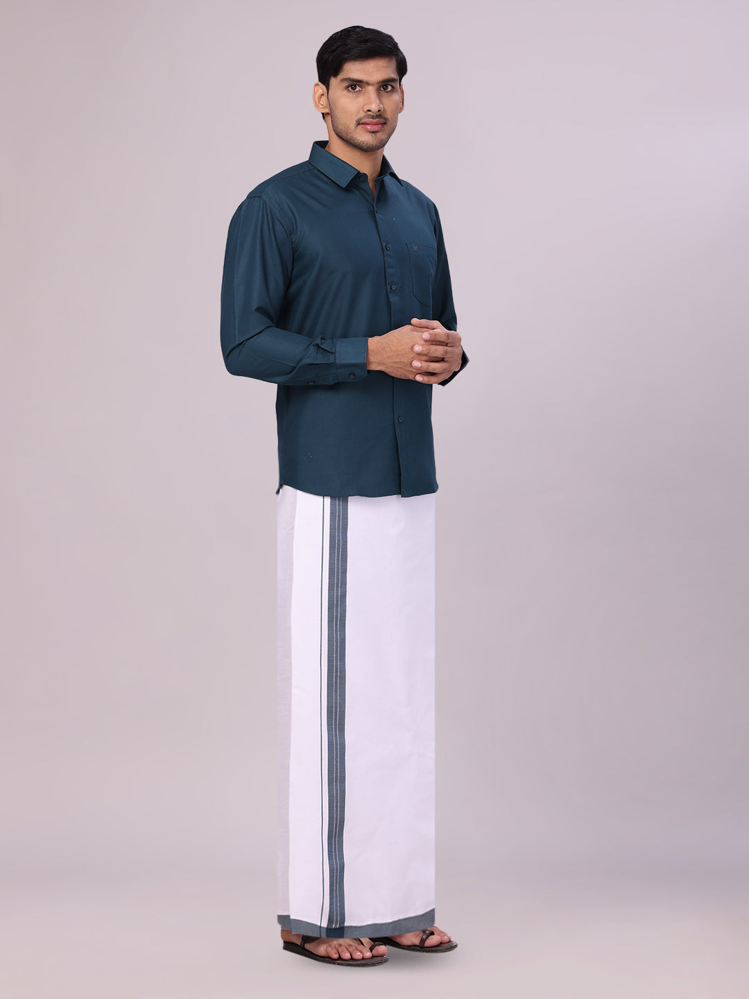 Men's Cotton Dark Green Matching Shirt and Dhoti Combo Luster side pose