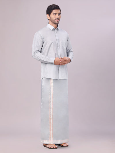 Men's Art Silk Steel Grey Full Sleeves Shirt with Silver Jari Border Dhoti Combo Finesse side pose
