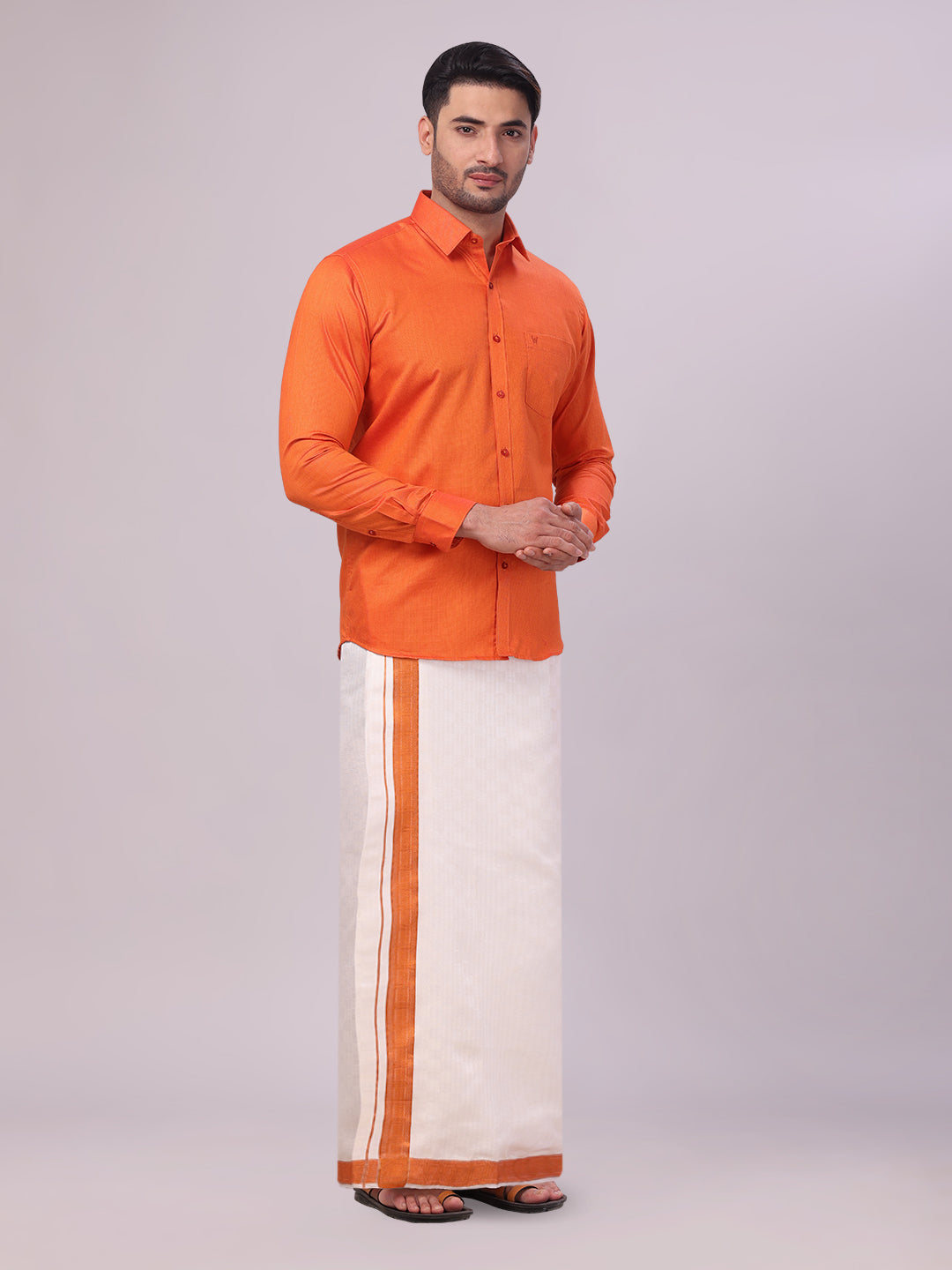 Men's Cotton Brick Shirt and Airtex Matching Border Dhoti Combo Nector