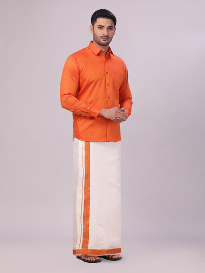 Men's Cotton Brick Shirt and Airtex Matching Border Dhoti Combo Nector