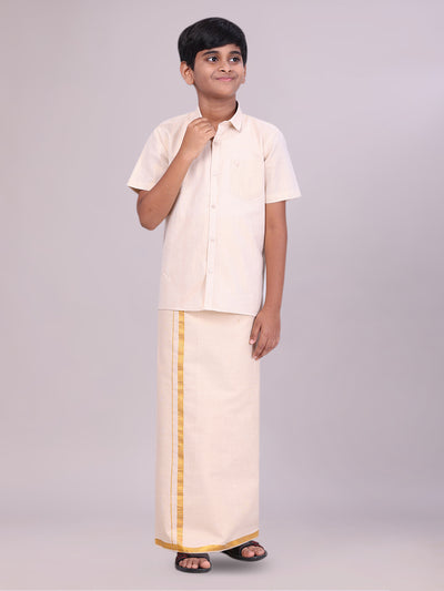 Father & Son Gold Colour Tissue Shirt with Jari Dhoti Combo