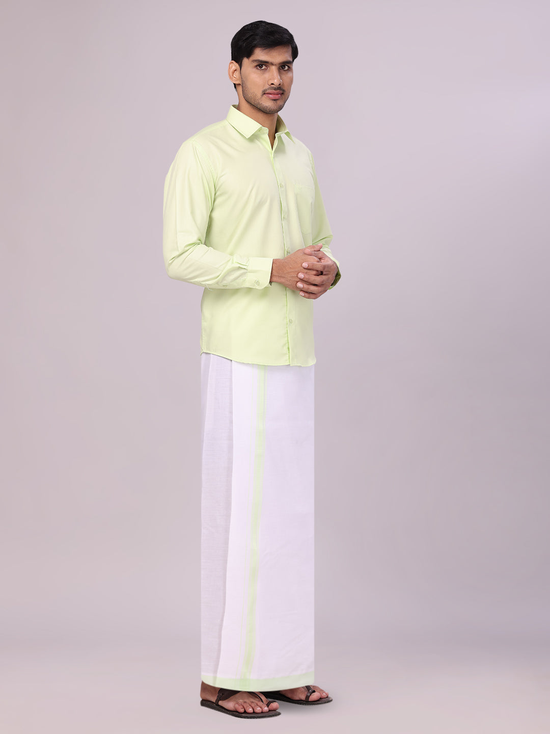 Men's Cotton Light Green Matching Shirt and Dhoti Combo Luster side pose