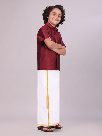 Boys Art Silk Maroon Half Sleeves Shirt with Gold Jari Flexi Dhoti Towel Combo side pose