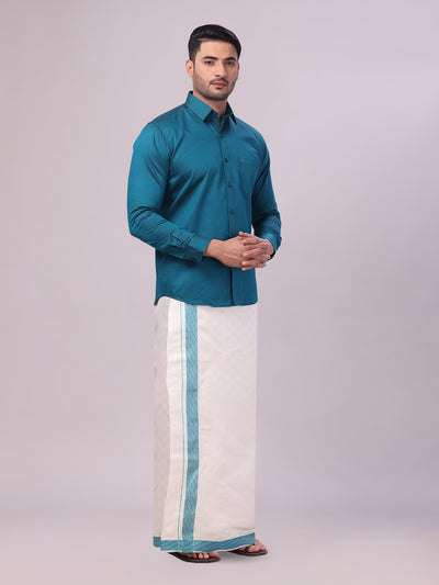 Men's Cotton Steel Blue Shirt and Airtex Matching Border Dhoti Combo Nector side pose