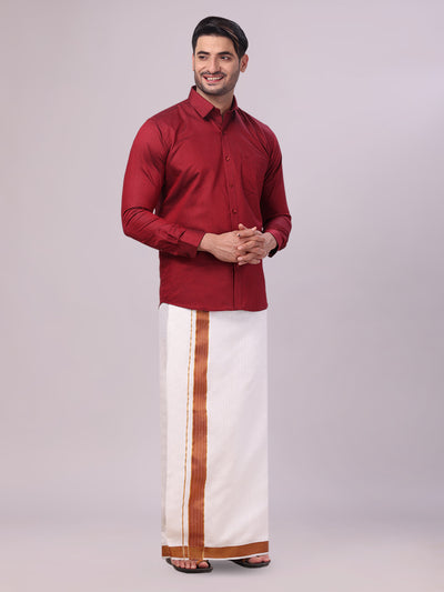 Men's Cotton Maroon Shirt and Airtex Matching Border Dhoti Combo Nector side pose