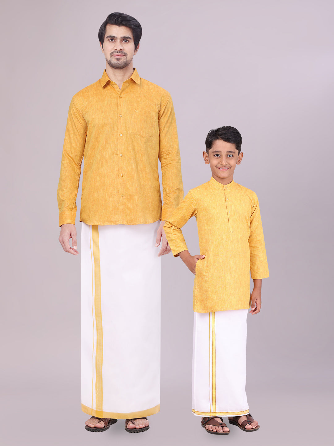 Father & Son Mustard Men Shirt Dhoti Set with Kids Kurta Dhoti Set Combo