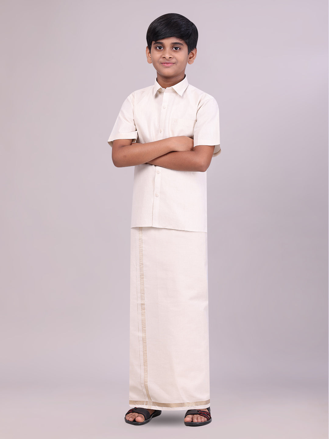 Boys Tissue Beige Colour Shirt with Dhoti Combo side pose