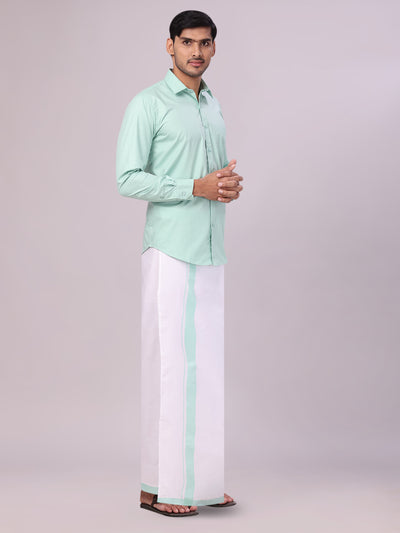 Men's See Green Shirt with Matching Border Flexi Dhoti Combo Casper Flexi